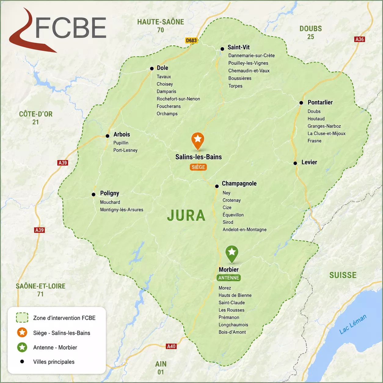 Carte des communes et secteurs couverts par FCBE pour les travaux d’enrobé, terrassement et assainissement dans le Jura.